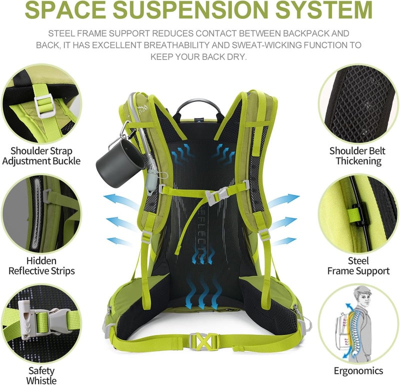 INOXTO IX Hiking Backpack, Waterproof Hiking Daypack with 3L Water Bladder and Rain Cover, Lightweight Travel Camping Backpack for Men Women (Fruit Green) - Image 4